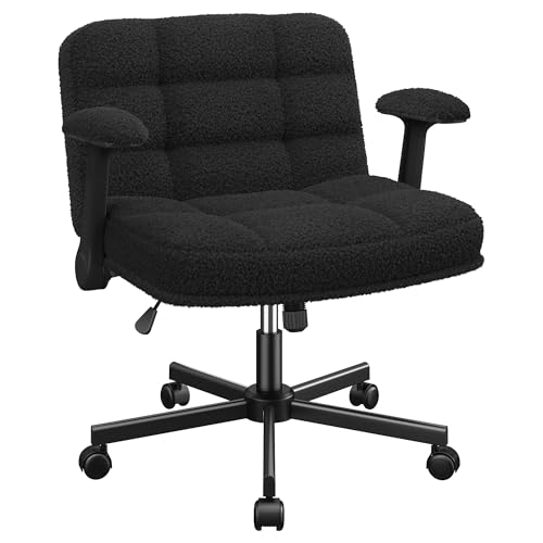 DurayLoly Criss Cross Office Chair with Flip-up Arm & Wheels | 360° Swivel,Plush Teddy Fabric Cross Legged Chair ,Adjustable Height for Home Office,Study, Gaming, Vanity,White - color: Black