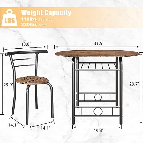 JUMMICO 3-Piece Wooden Round Table & Chair Set | Kitchen Breakfast Nook Wood Grain Tabletop with Metal Frame and Built-in Wine Rack for Kitchen, Dining Room (Brown/Black) - color: Brown/Black