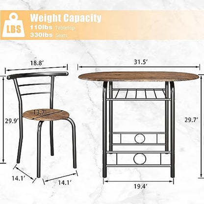 JUMMICO 3-Piece Wooden Round Table & Chair Set | Kitchen Breakfast Nook Wood Grain Tabletop with Metal Frame and Built-in Wine Rack for Kitchen, Dining Room (Brown/Black) - color: Brown/Black