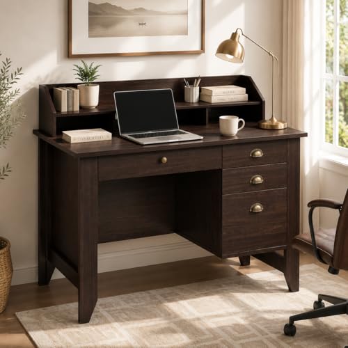 4 EVER WINNER Small Desk with Drawers, Office Desk with File Drawer and Monitor Stand, Writing Desk Study Table for Small Spaces, Espresso - color: Espresso
