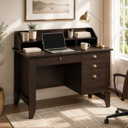 4 EVER WINNER Small Desk with Drawers, Office Desk with File Drawer and Monitor Stand, Writing Desk Study Table for Small Spaces, Espresso - color: Espresso