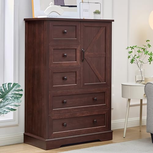 SOOWERY Farmhouse Dresser for Bedroom, Tall Chest of Drawers, Dark Cherry | 5-Drawer Wood Dresser, Barn Door Style Storage Cabinet, Multiple Storage Options, 48" Height - color: Dark Cherry, size: 15.6"D x 31.5"W x 47.2"H (5 Drawers)