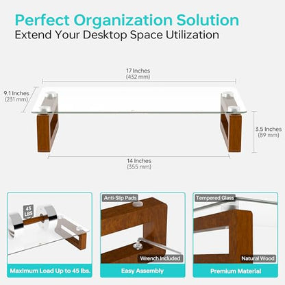 YEOUX Multi-Purpose Desktop Stand, Clear Floating Computer Monitor Riser with Natural Wood Base, Desk Organization Shelf for Printer, Laptop, Audio Device, Flat Screen - color: Walnut&Clear