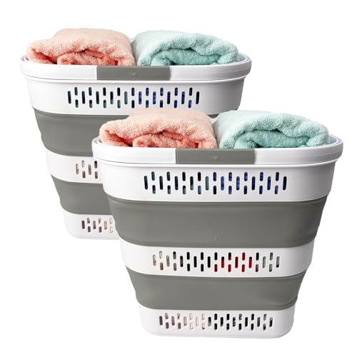 SAMMART 38L(10 Gal) Collapsible Laundry Basket - Foldable Pop-Up Storage Container/Organizer-Portable Space Saving Hamper, Measure 17.5x13.3x15.7"/3.8" Expanded/Collapsed (2, White/Grey) - color: White/Grey