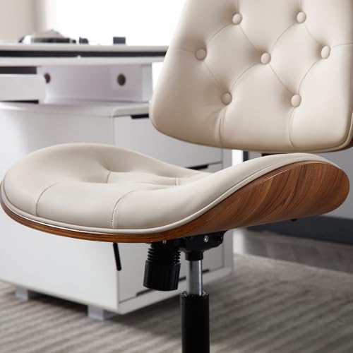 Armless Home Office Chair in Button Style, PU Leather Small, Beige | PU Leather Adjustable Height Computer Desk Chair, 360 Swivel Small No Arms Office Seat, Walnut Design Stool, 300LBS Cap - color: Beige, size: Button Style