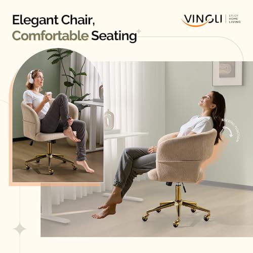 VINGLI Modern Curved Office & Vanity Desk Chair, Cute Upholstered Nail Chair with Wheels & 360° Swivel & Club & Tilting & Gold Base, for Bedroom, Living Room, Makeup, Velvet Chenille, Khaki - color: Khaki