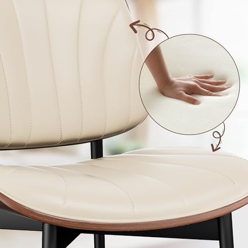 YaFiti Mid Century Dining Chairs Set of 2 with Walnut Bentwood, Greige | Ergonomic Walnut Backrest, Upholstered Waterproof PU Leather Seat, Stable Metal Legs, Adjustable Footpads, Apartment Friendly - color: Greige Scallop