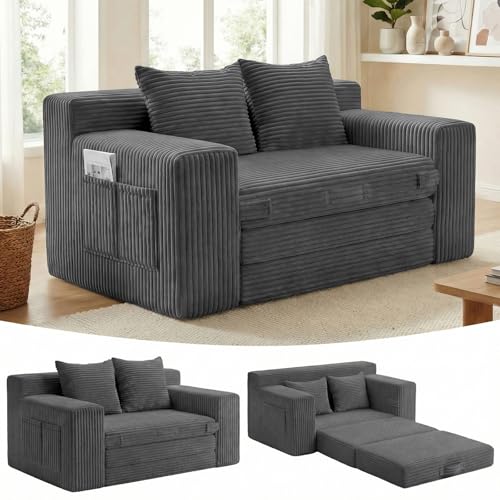 Boneless Couch,Boneless Loveseat Sleeper Sofa Bed – 3-in-1 Convertible Couch Bed with Side Pockets & Handle,Pull Out Corduroy Futon for Small Space,Living Room & Bedroom,2 Pillows Included,No Assembly - color: A-grey, size: 2 Seater Sofa
