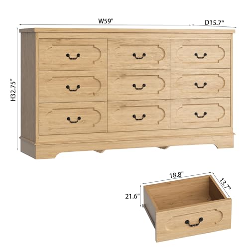 9 Drawer Dresser for Bedroom Natural Bedroom Dresser 59" Wide Wood Cabinet | Farmhouse Wood Chest of Drawers , Modern Rustic Drawers Dressers Wooden Closet and Storage Cabinet, Hallway, Living Room - color: Natural, size: 15.7"D x 59"W x 32.8"H (9 Drawers
