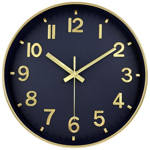 Wall Clock, 8 Inch Wall Clocks Battery Operated, Modern Non Ticking Silent Digital Analog Small Wall Clock for Bedroom Living Room Kitchen Office Gym Classroom Outdoor Clocks, Gold Blue - color: Navy Blue, size: 8 Inch