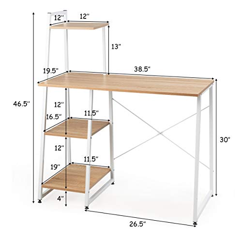 Tangkula Computer Desk with 4 Tier Shelves, Writing Desk Study Desk, Compact Computer Desk Workstation with X-Shaped Metal Frame & Adjustable Foot Pads, Home Office Desk (Natural) - color: Natural & White