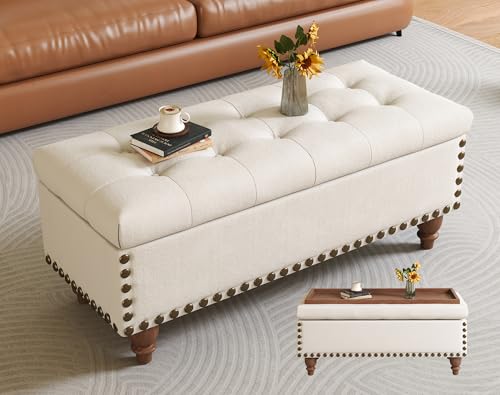 42'' End of Bed Storage Bench with Dual-Surface Lid, Upholstered Ottoman with Hidden Storage, Chenille Bench Seating with Wood Panel Seat for Entryway,Living Room,Bedroom-White - color: 1-white