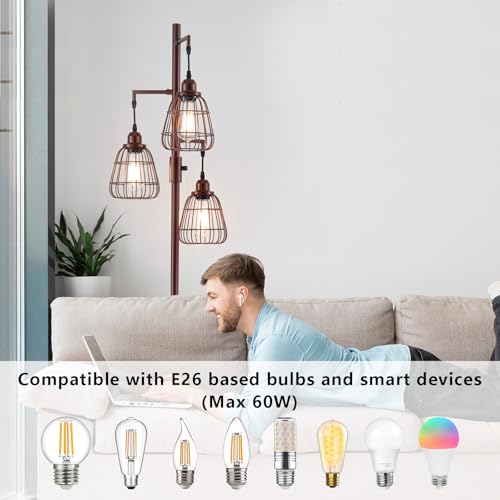 9MMML Dimmable Floor Lamp,Industrial Farmhouse Tall Standing Floor Lamp for Living Room, Bedroom Office,3 Teardrop Cage Lampshade,3 LED Bulbs Inculded. 68'' Tall - color: Oil-Rubbed Bronze