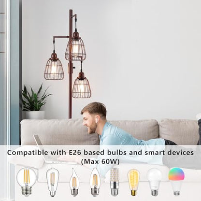 9MMML Dimmable Floor Lamp,Industrial Farmhouse Tall Standing Floor Lamp for Living Room, Bedroom Office,3 Teardrop Cage Lampshade,3 LED Bulbs Inculded. 68'' Tall - color: Oil-Rubbed Bronze