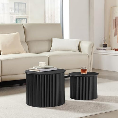Round Nesting Coffee Table Set of 2, Small Fluted Coffee Table Circle Side Table, Mid Century Modern Wood Nesting Tables Farmhouse End Table Set for Living Room, Bedroom, Small Spaces(Black) - color: Black, size: Small-Fluted