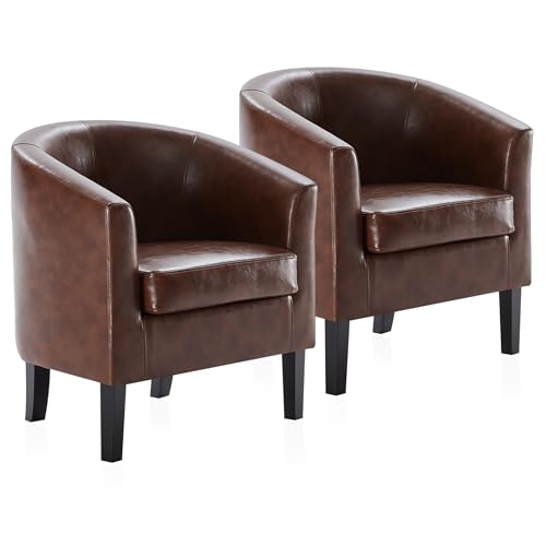 BELLEZE Accent Barrel Chair, Set of 2 Faux Leather Round Club Tub Sofa Corner Chair with Flared Legs and Cozy Soft Padding for Living Room Bedroom Waiting Room - Caramel - color: Highland Caramel, size: 2 Chairs