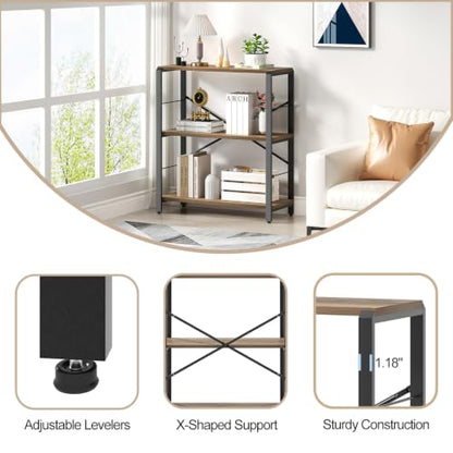 Small Bookshelf, 3 Tier Open Book Shelf, Rustic Wood and Metal Shelving Unit for Small Space, Oak - color: Oak, size: 3-Tier