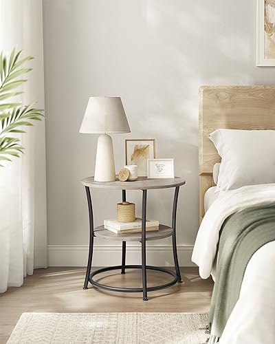 VASAGLE 21.7-Inch Round Side Table, 2-Tier End Table | Nightstand with Steel Frame, Spacious Top, for Small Spaces, Living Room, Bedroom, Heather Greige and Ink Black ULET56BG - color: Heather Greige + Ink Black, style: Without Power Strip