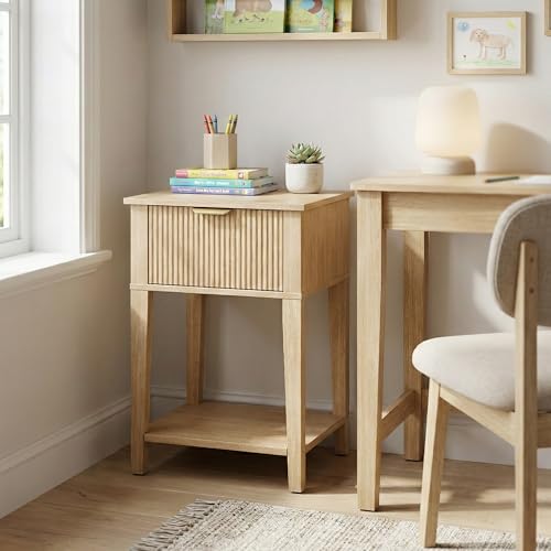 FuniXpress Small Nightstand, 15" Wide, Drawer and Shelf, Natural Oak Fluted | Light oak tone, clean fluted front, 11.8-inch slim depth, smart storage, fits bedside, sofa side, or small spaces - color: Natural Oak