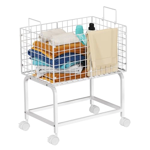 Laundry Basket with Wheels,80L Wire Rolling Laundry Basket with Pull Handle,White High Laundry Cart for Laundry Room,Bathroom,Bedroom-White(23.6 * 15.75 * 28inch) - style: Medium Oblong-White