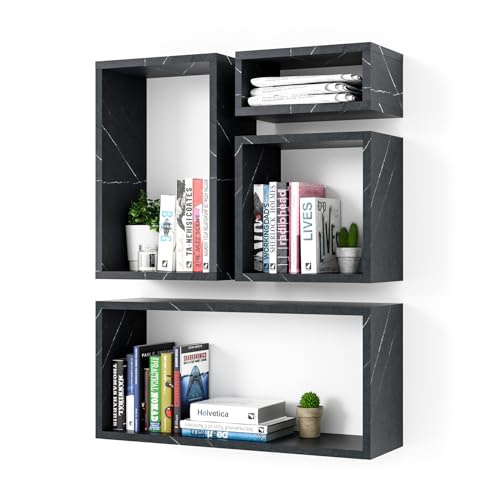 Wall Mount Shelf Set of 4, Floating Cube Shelves for Space Discovery Home and Commercial Use, Large Size Shelves Set, Cloud Atlas/Black Marble - color: Cloud Atlas, size: Set4