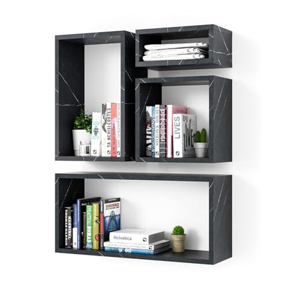 Wall Mount Shelf Set of 4, Floating Cube Shelves for Space Discovery Home and Commercial Use, Large Size Shelves Set, Cloud Atlas/Black Marble - color: Cloud Atlas, size: Set4