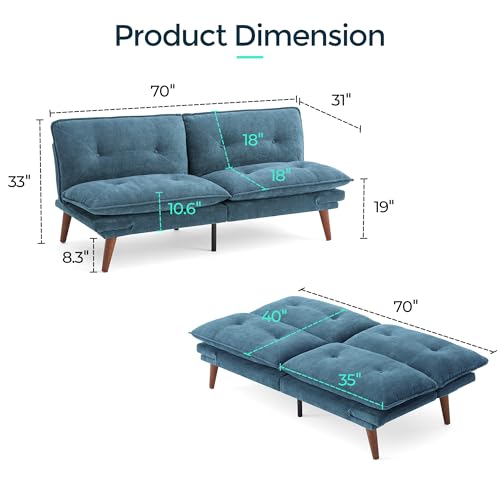 LINSY HOME Futon Sofa Bed, 70" Chenille Futon Couch with Adjustable Backrest Armrest, 3 in 1 Convertible Comfy Loveseat Sleeper Sofa Bed for Small Spaces Dorm Room Apartment Home Office, Blue
