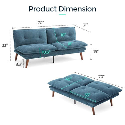 LINSY HOME Futon Sofa Bed, 70" Chenille Futon Couch with Adjustable Backrest Armrest, 3 in 1 Convertible Comfy Loveseat Sleeper Sofa Bed for Small Spaces Dorm Room Apartment Home Office, Blue