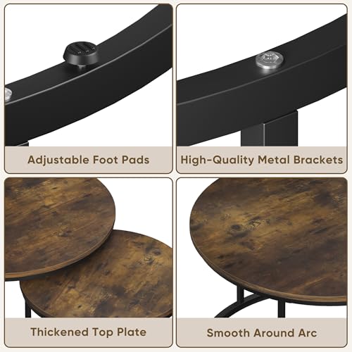 Smuxee Rustic Nesting Coffee Table Set of 2, 27.6" Round Coffee Table Wooden Marble Pattern with Adjustable Non-Slip Feet, Industrial End Table for Living Room Bedroom Balcony - color: Rustic Brown, size: 27.6"W