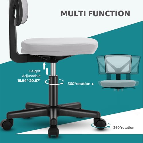 OLIXIS Armless Home Office Chair, Ergonomic Small Desk Chair | Mesh Back, Removable Washable Foam Cushion, Height Adjustable, Rolling Swivel Wheels, Small Space, Grey - color: Grey