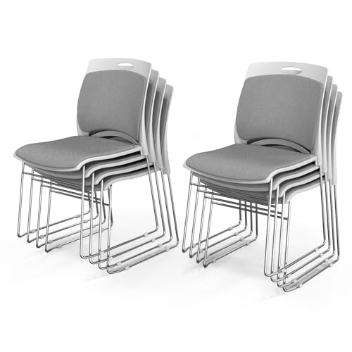 VINGLI Stackable Plastic Mesh Padded Chairs for Office Set of 8, Grey | Stacking Chairs with Metal Sled Base, Ergonomic Plastic Pad Seat & Back, Waiting Banquet Guest Break Room, Easy to install - color: Grey, size: 8 Pack
