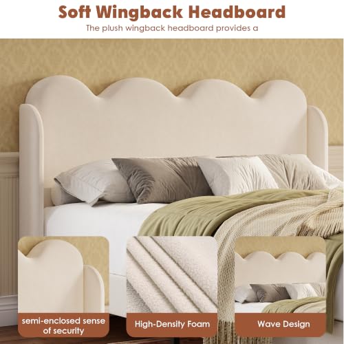 Garvee Twin Bed Frame for Kids, Upholstered Scalloped Wave Tall Headboard, Chenille Wingback Design, Wood Slat Support, No Box Spring Needed, Easy Assembly, Beige | Upholstered Scalloped Wave Tall Headboard, Wood Slat Support, No Box Spring Needed, Easy A