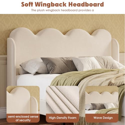 Garvee Twin Bed Frame for Kids, Upholstered Scalloped Wave Tall Headboard, Chenille Wingback Design, Wood Slat Support, No Box Spring Needed, Easy Assembly, Beige | Upholstered Scalloped Wave Tall Headboard, Wood Slat Support, No Box Spring Needed, Easy A