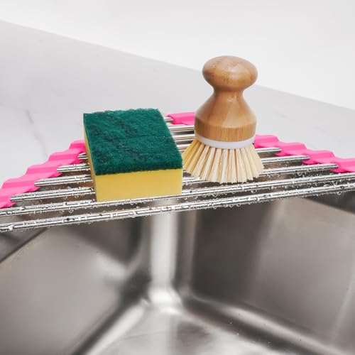 Tomorotec Triangle Roll Up Dish Drying Rack 304 Stainless Steel Rose | BPA-Free Food-Grade Silicone Edges Foldable Waterproof Rustproof Heavy-Duty Space Saver Heat Resistant to 550°F - color: Rose