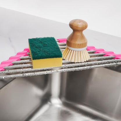 Tomorotec Triangle Roll Up Dish Drying Rack 304 Stainless Steel Rose | BPA-Free Food-Grade Silicone Edges Foldable Waterproof Rustproof Heavy-Duty Space Saver Heat Resistant to 550°F - color: Rose