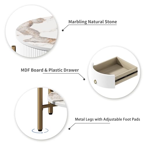 OIOG Round End Table, Nightstand with Storage, Marbling Natural Stone/Gold | Side Table with Storage Drawer, Shelf, Metal Legs, 2 Tier, Modern Design, For Living Room, Bedroom, Office,White and Gold - color: Gold