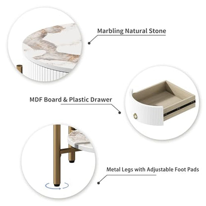 OIOG Round End Table, Nightstand with Storage, Marbling Natural Stone/Gold | Side Table with Storage Drawer, Shelf, Metal Legs, 2 Tier, Modern Design, For Living Room, Bedroom, Office,White and Gold - color: Gold
