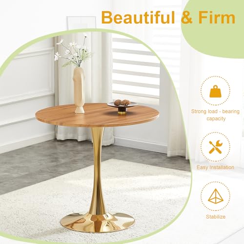 31.5" Round Dining Table, Mid-Century Modern Tulip Table with Thickened Tabletop & Metal Pedestal, Circle Bistro Table for Kitchen, Small Places, Apartments, Cafe - color: Wood Gold, size: 31.5" dining table