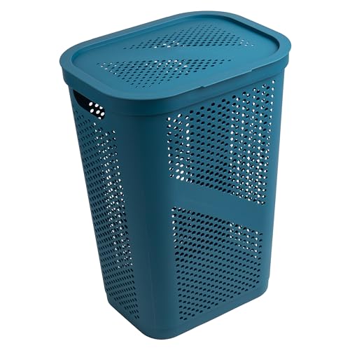 Mind Reader Slim Laundry Hamper with Lid, 60L Clothes Basket, Ventilated Plastic, Blue - color: Blue, size: Single