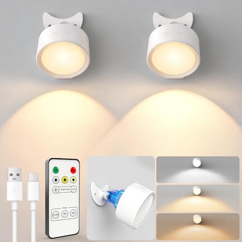 2PCS Battery Operated Wall Lights, Long-Lasting 160H for Reading | 3 Color & 4 Brightness, Remote, 360°Rotate, Damage‑Free Adhesive, Cordless Wall Sconces for Bedroom, Living Room, Hallway - color: White