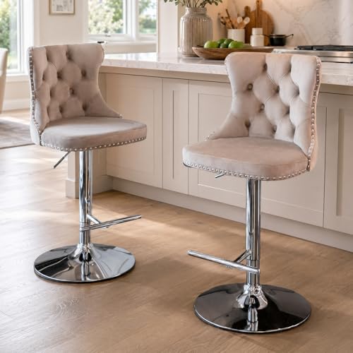 Velvet Bar Stool Set of 2, Adjustable Swivel Bar Stools with Silver Plated Metal Leg, Button Tufted, Footrest, Chrome Nailhead, Counter Height Chair for Kitchen, Bar, Dining Room (Beige) - color: Beige-silverr Leg, size: Set of 2