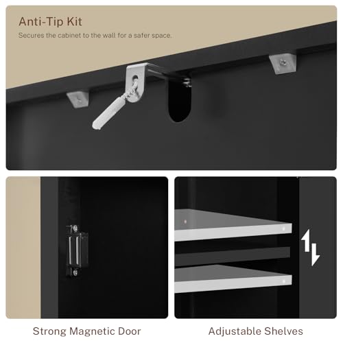 TEENFON Tall Bathroom Cabinet, Storage Cabinet with 6 Shelves & Drawer, Bathroom Storage Cabinet with Adjustable Shelves, Tall Cabinet for Living Room, Home Office, Black - color: Black