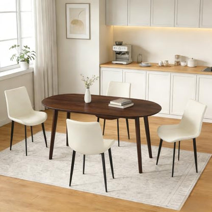 63" Oval Dining Table Set for 4 with Solid Wood Legs | 5 Piece Walnut Dining Table Set for Kitchen and Dining Room Furniture, 4 PU Beige Dining Chairs, Mid Century Modern - color: Walnut Table Beige Chairs
