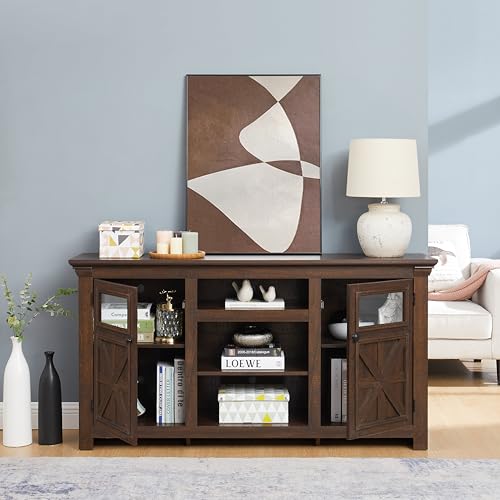 Farmhouse TV Stand 60 in for TVs up to 65 inch, Wood TV Console with 6 Cable Management Holes and Adjustable Shelves for Living Room, Barn Style Media Center with Glass Doors, Espresso - color: Espresso-d-60.23 X 15.35 X 31.70 Inch