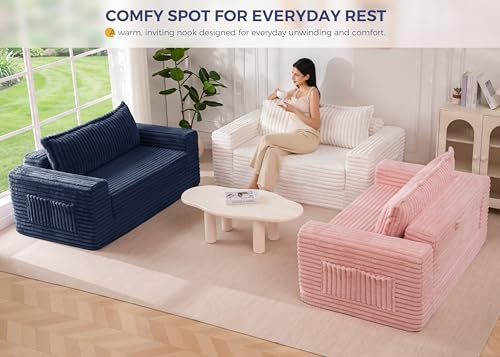 MAXYOYO Convertible Sofa Bed, Pull-Out Loveseat Couch Bed for Small Space | 2 in 1 Folding Couch Bed with Large Back Pillow, Plush Faux Fabric Lounge Couch for Living Room, Apartment, Navy - color: Navy