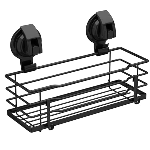 TESOT Suction Cup Shower Caddy, Shower Shelf Soap Dish with Hooks for Razor, Sponge, Rust Proof 304 Stainless Steel, Black - color: Black