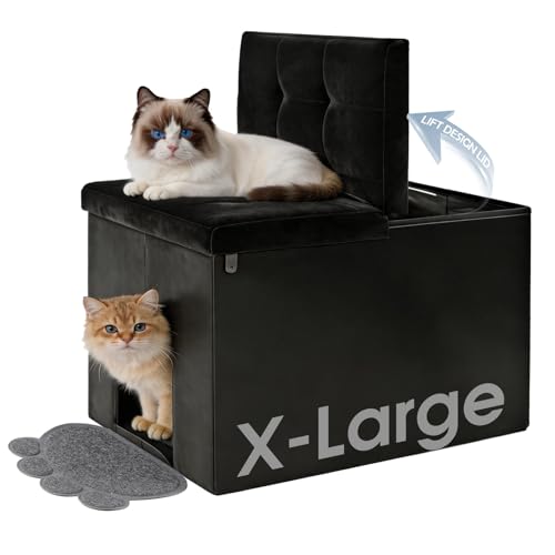 MEEXPAWS Cat Litter Box Enclosure Furniture XL Velvet Lift Design Lid | Large Hidden Cat Washroom Bench Ottoman, Storage Cabinet Dog Proof,Urine Proof, Easy Clean, Quick Assembly,Black - color: Black, size: XL 25.6''x W17.7'' x H17.7''
