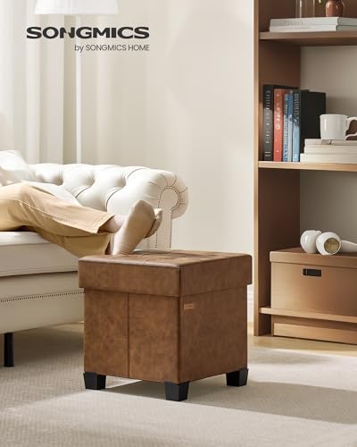 SONGMICS Storage Ottoman, Cube Ottoman with Legs, 15 x 15 x 15.7 Inches, Footstool, Footrest, 10 Gal. (37 L), Synthetic Leather, for Bedroom, Living Room, Dorm, Coffee Brown ULSF0512K03 - color: Coffee Brown