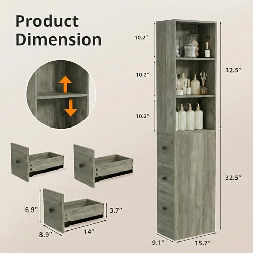 ARTETHYS Tall Slim Bathroom Storage Cabinet with 3 Adjustable Shelves Gray | Slim Free Standing Space Saver Organizer for Living Room Kitchen, 3 Drawers - color: Grey