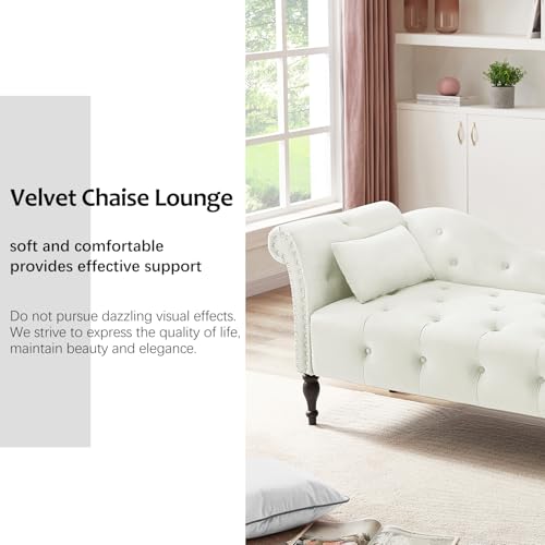 60" Modern Velvet Chaise Lounge Indoor,Upholstered Lounge Chair with Left Armrest and Lumbar Pillow, Button Tufted Lounge Sofa for Living Room Bedroom Office,Mini Chaise Longue Sofa (White) - color: White